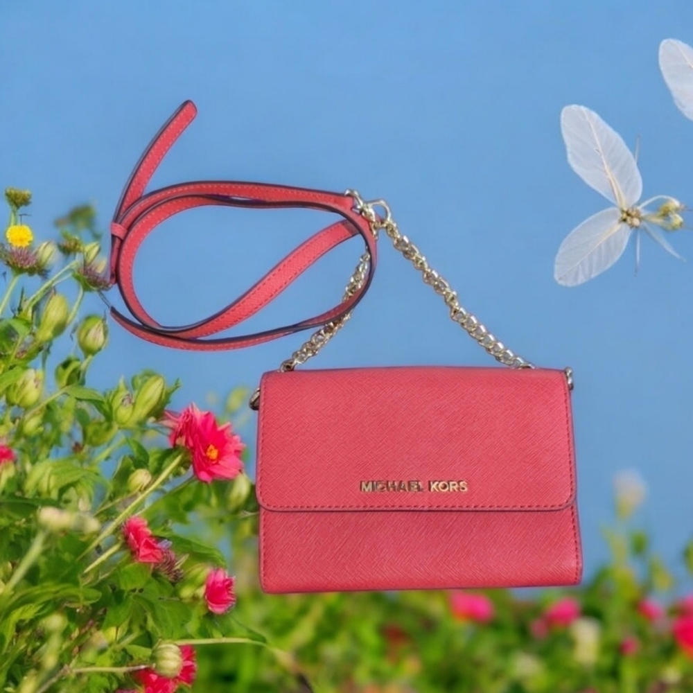 🌺 Michael Michael Kors Coral Wallet on Chain Crossbody EUC - Picture 2 of 11